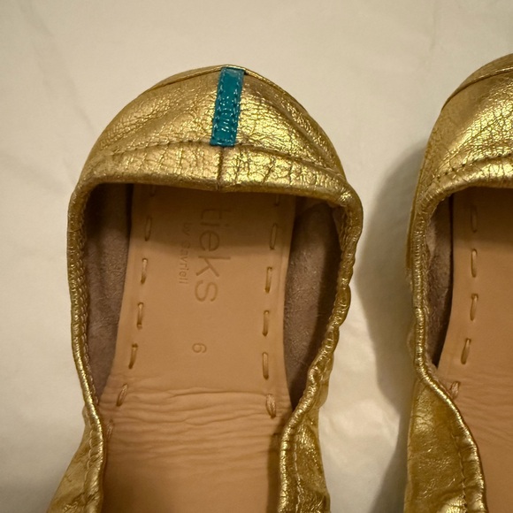 Tieks Metallic Gold Flats with Teal Stripe - Picture 2 of 6